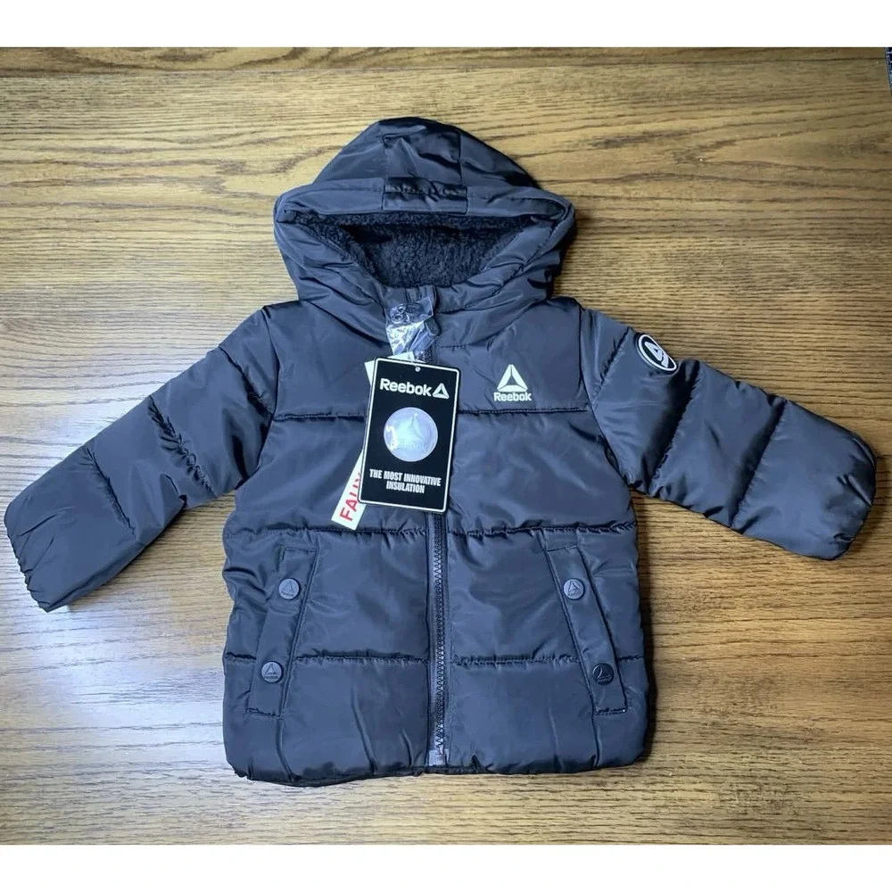 Reebok Toddler Boys Black Heavyweight Puffer Jacket With Hood Size 12M NWT